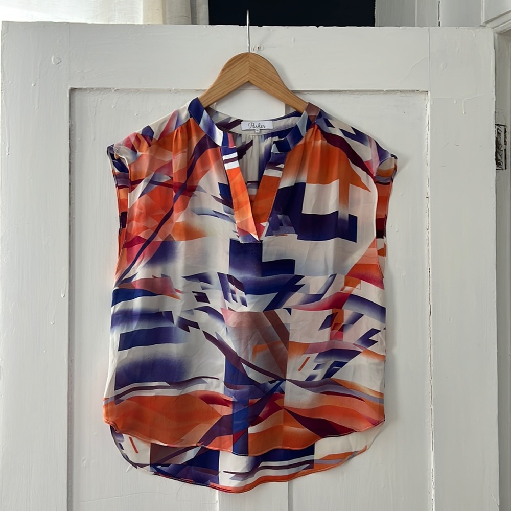 Parker Women’s 100% Silk Multi Color V Neck Sleeveless Blouse Size XS